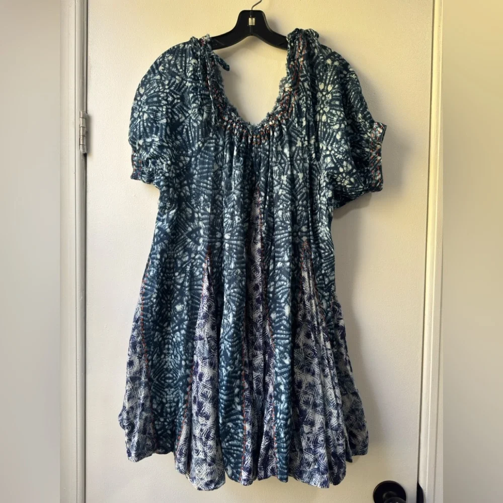 Free People Jet Set Mini Dress Blue Indigo Boho Off Shoulder Abstract